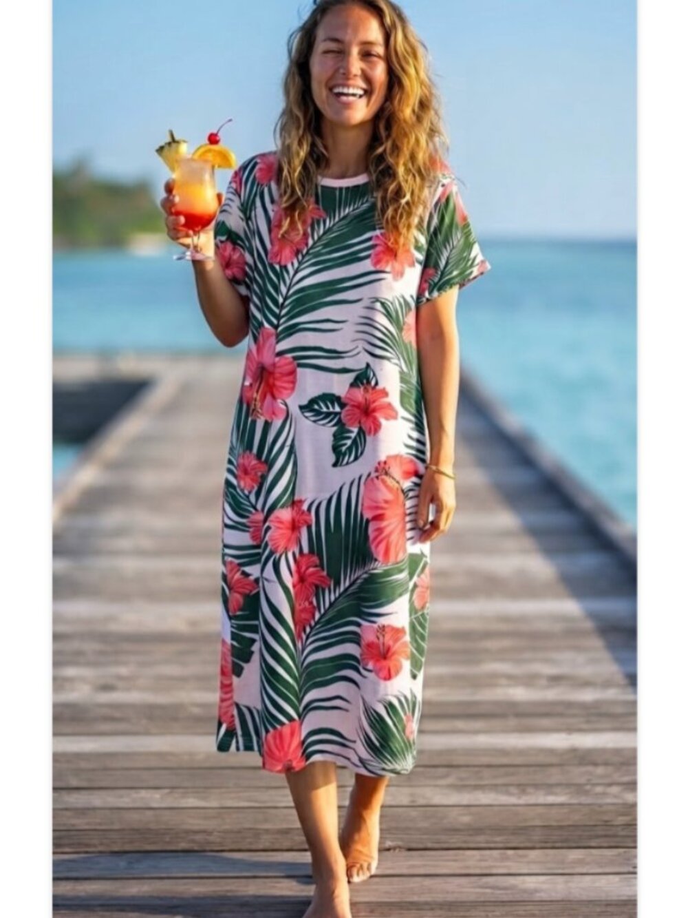 Hibiscus Palm Leaf T-Shirt Midi Dress Hawaiian Tropical Vacation Resort Island